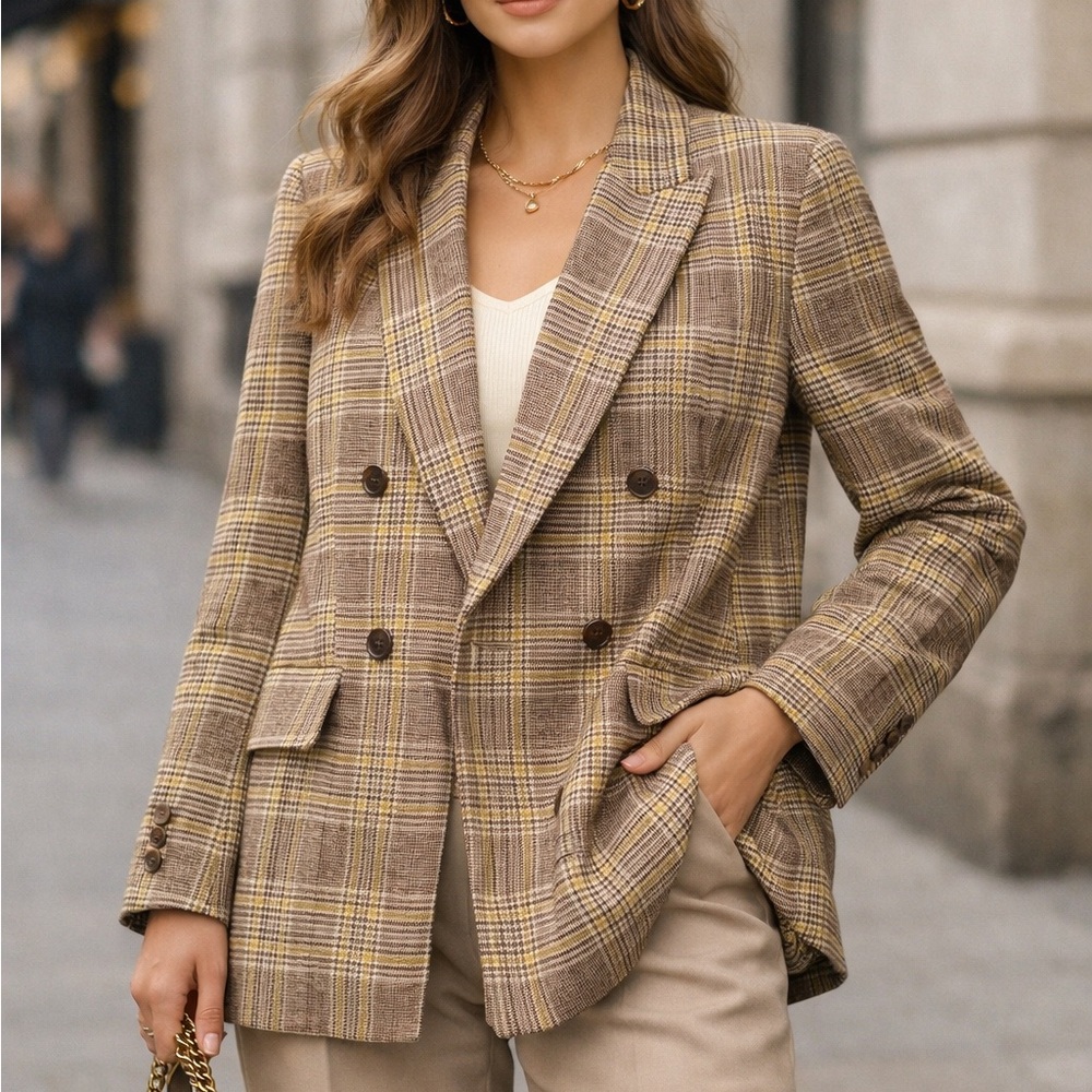 Vince Camuto Tan and Brown Checkered Blazer